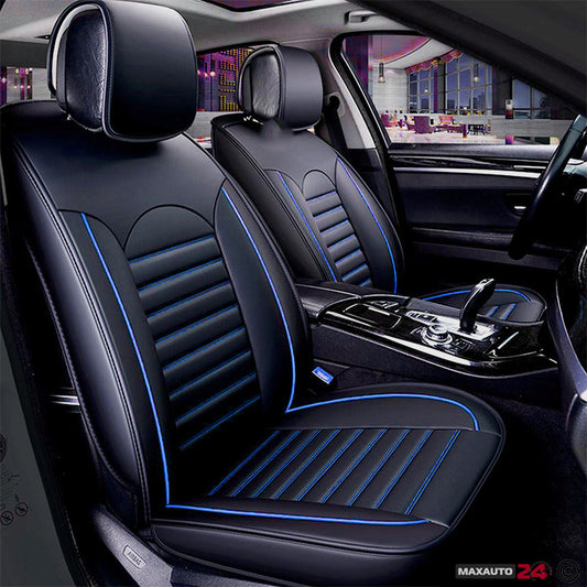 Комплект кожени универсални калъфи за седалки 2бр/к-т - Черно със синьо