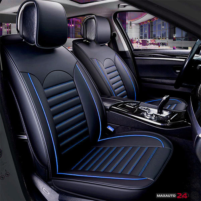 Комплект кожени универсални калъфи за седалки 2бр/к-т - Черно със синьо